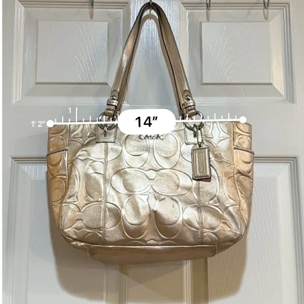 Coach Metallic Gold Leather Signature C‎ Embossed Tote Shoulder Bag Handbag